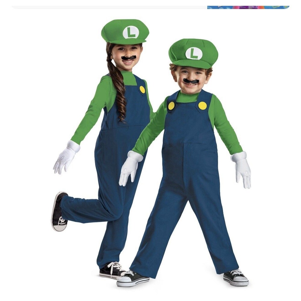 Super Mario Bros Luigi Costume Size Large Age 9-12 Hat Gloves Mustache